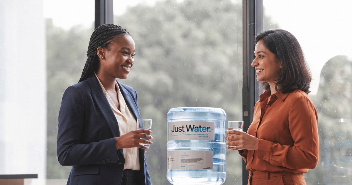 Employee gathered around the Just Water cooler