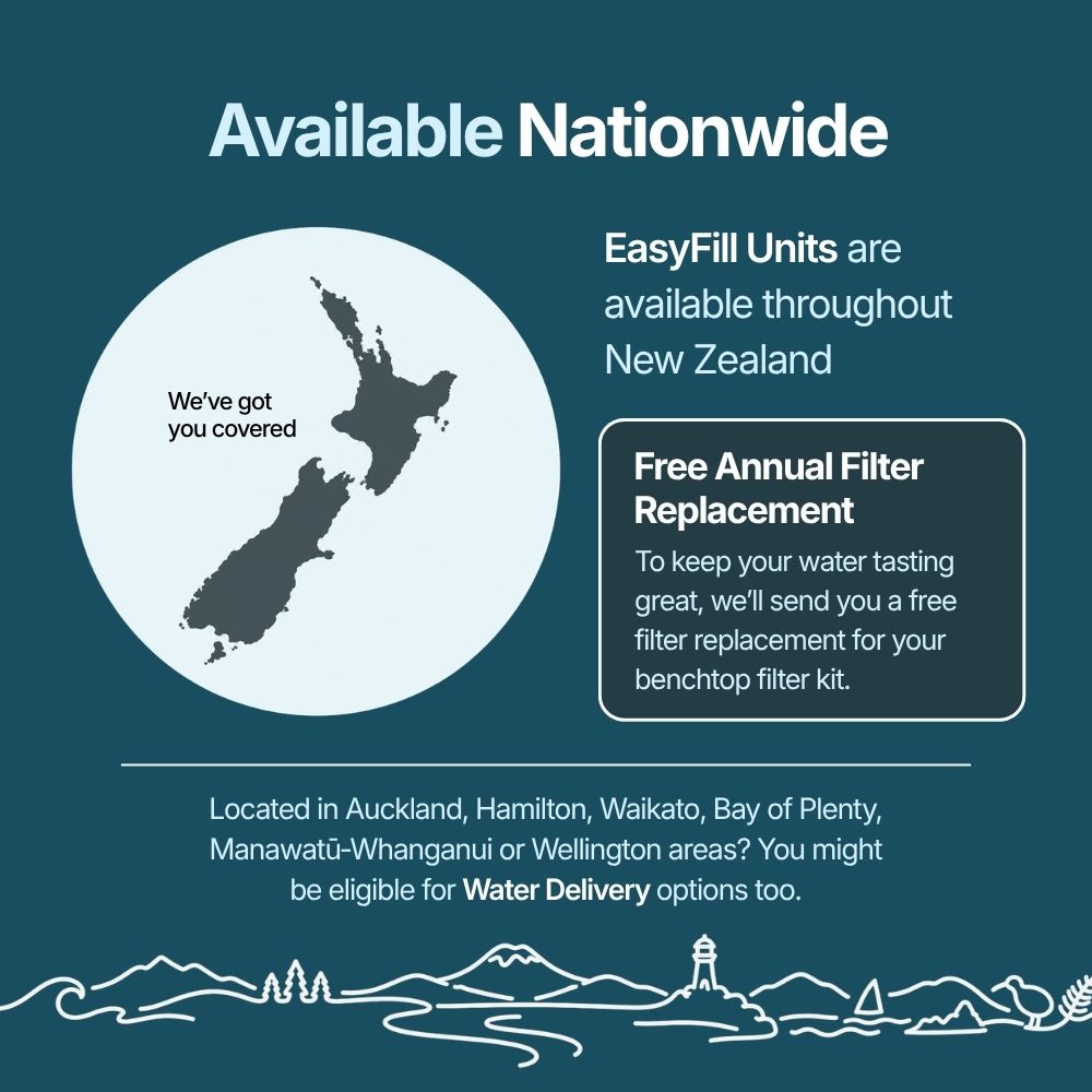 Easy-Fill/Fill-Your-Own units are available throughout New Zealand and come with a free annual filter replacement.