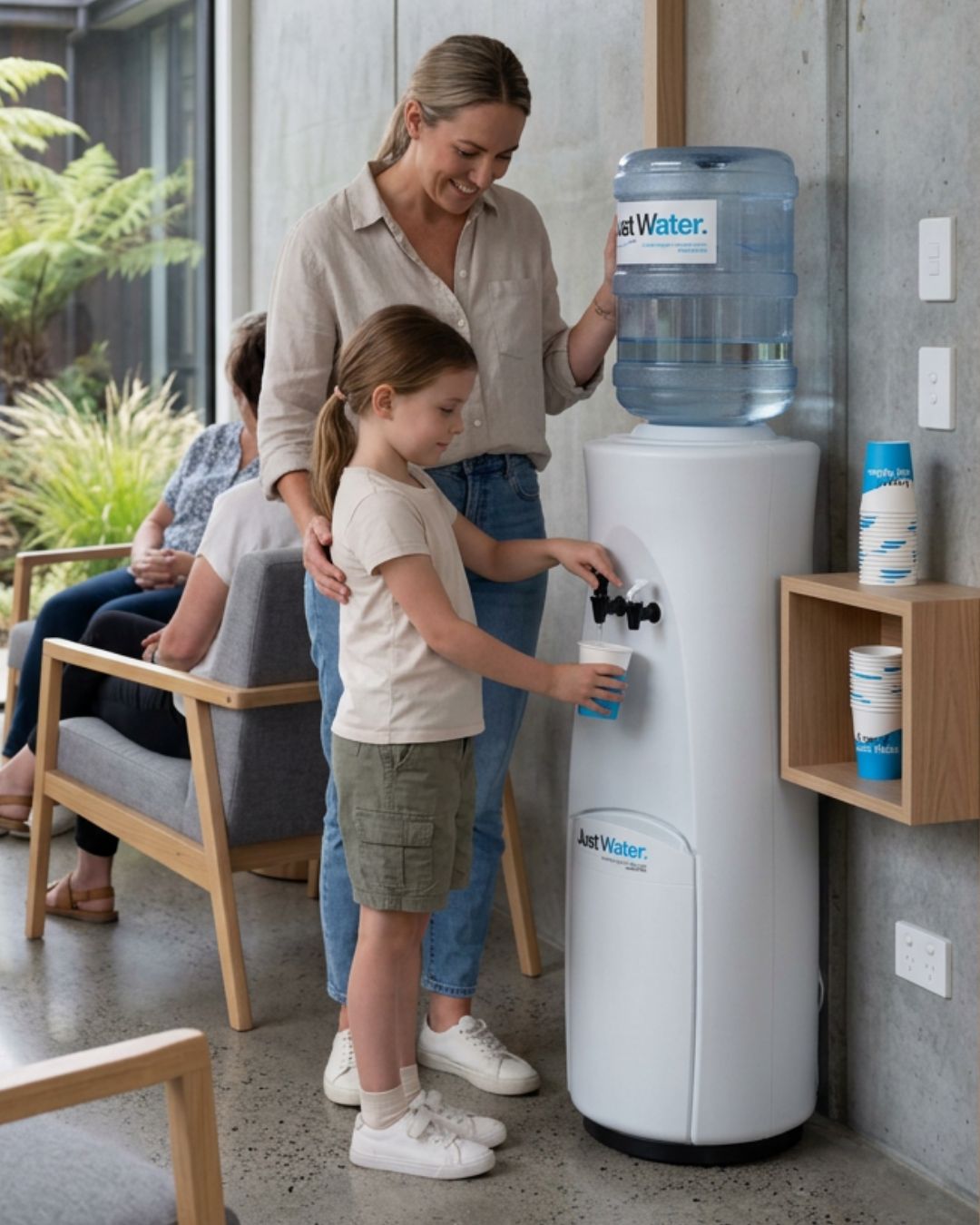 Mother and daughter filling cup of Just Water at reception