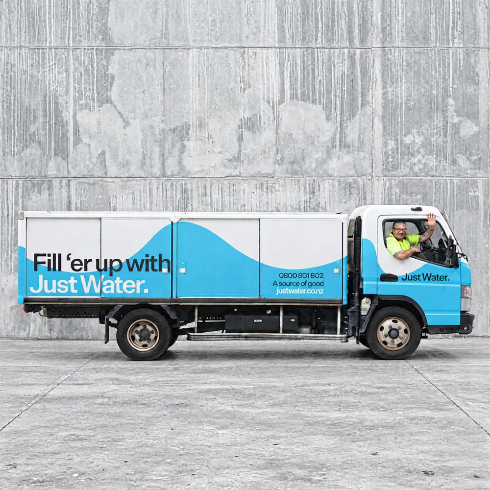 Just Water delivery truck with delivery driver waving out the window