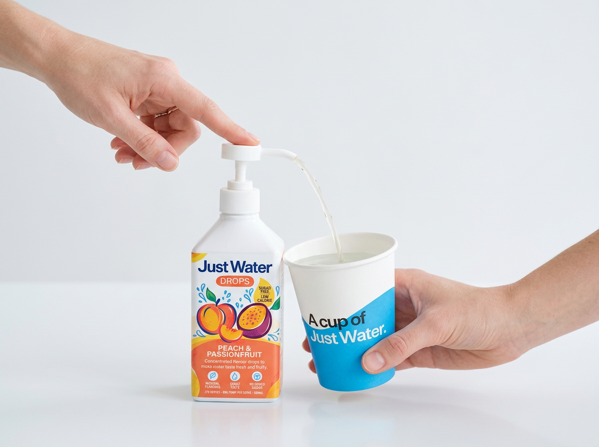 A person dispensing the Just Water Drops Peach and Passionfruit flavouring into a Cup of Just Water Paper Cup