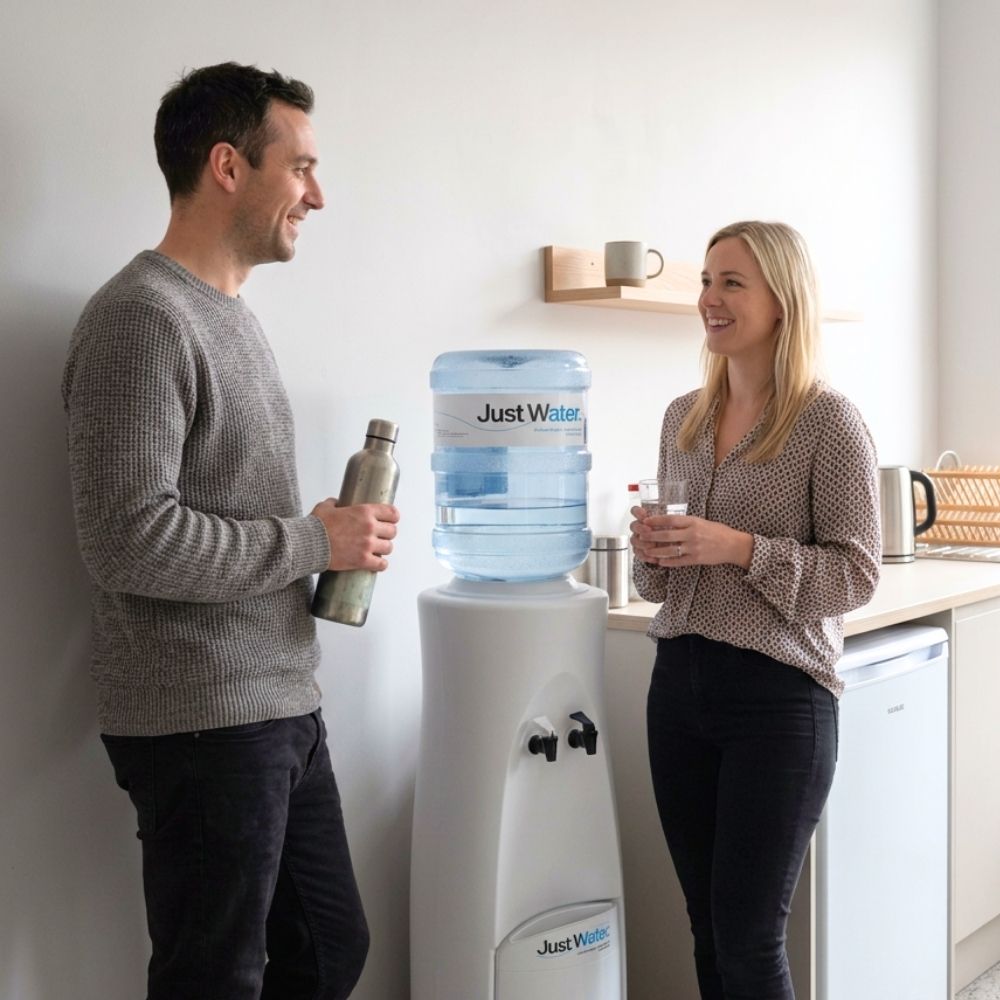 A man and a woman stand on either side of a white Just Water water dispenser in a bright kitchen or breakroom setting. The man holds a stainless steel bottle, and the woman holds a glass.